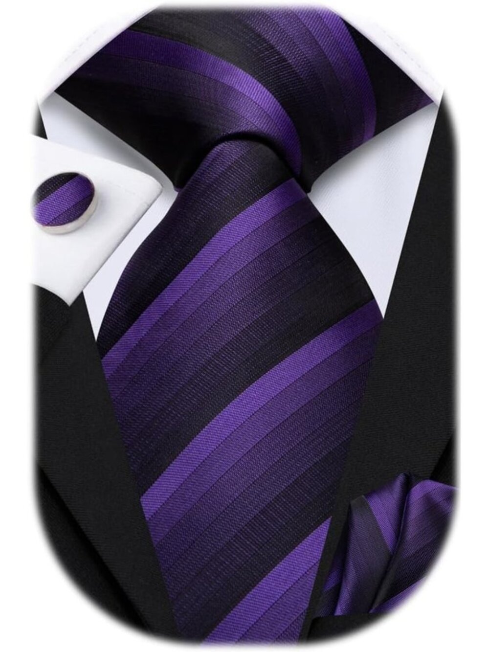 Elegant Silk Tie Set with Paisley & Striped Design, Pocket Square & Cufflinks